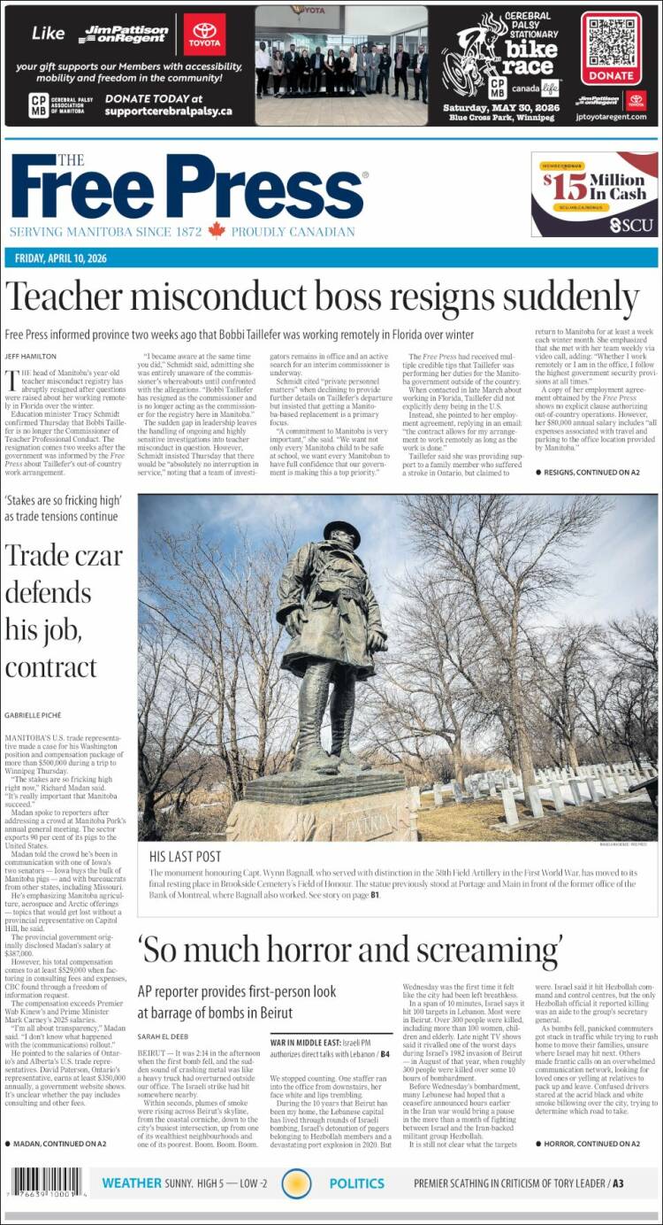 Portada de Winnipeg Free Press (Canad&aacute;)