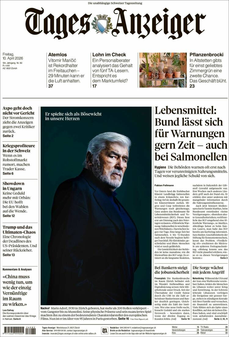 Portada de Tages-Anzeiger (Suiza)