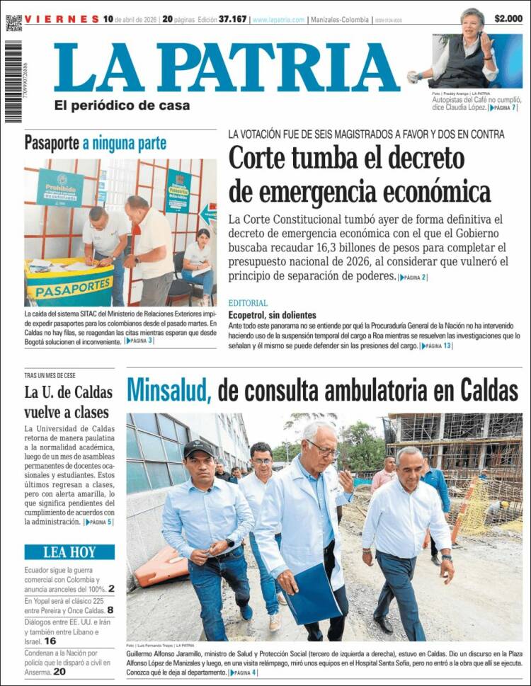 Portada de La Patria (Colombia)