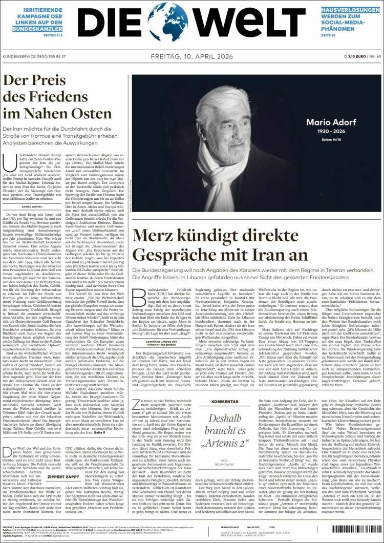 Portada de Die Welt (Alemania)