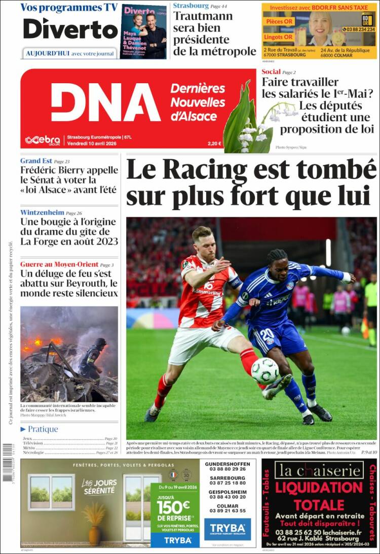 Portada de Les Dernières Nouvelles d'Alsace (Francia)