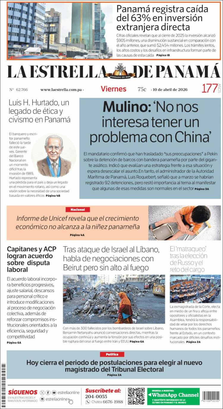 Portada de La Estrella de Panamá (Panam&aacute;)