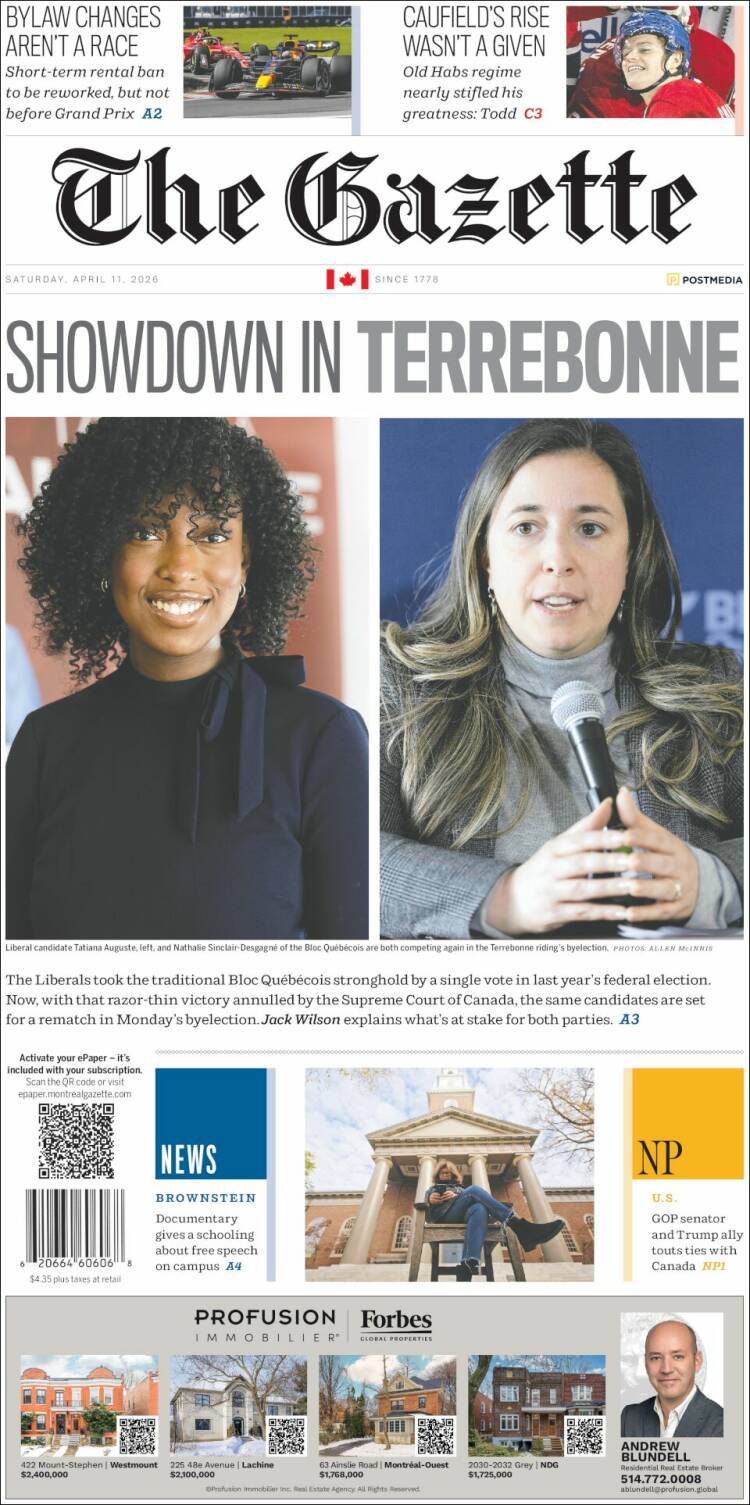 Portada de The Gazette (Canad&aacute;)