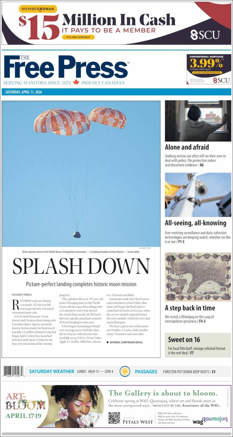 Portada de Winnipeg Free Press (Canad&aacute;)