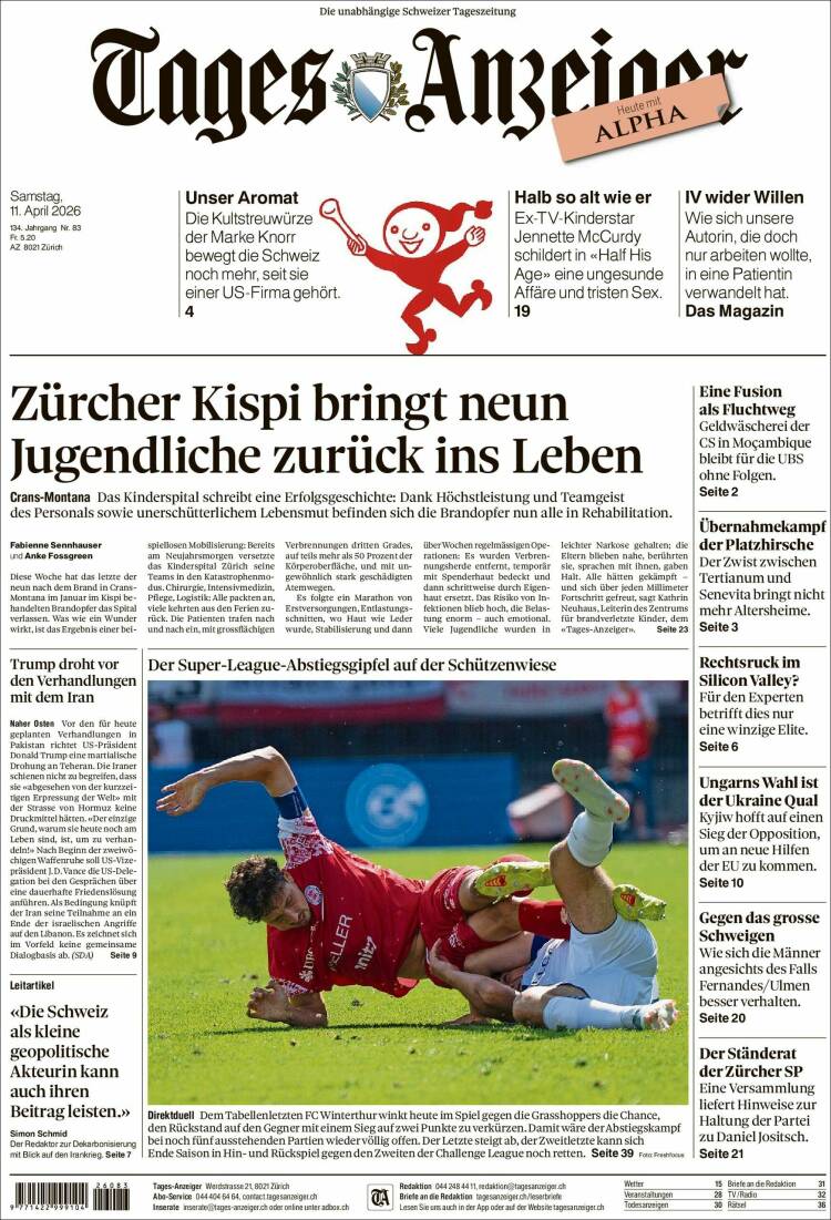 Portada de Tages-Anzeiger (Suiza)