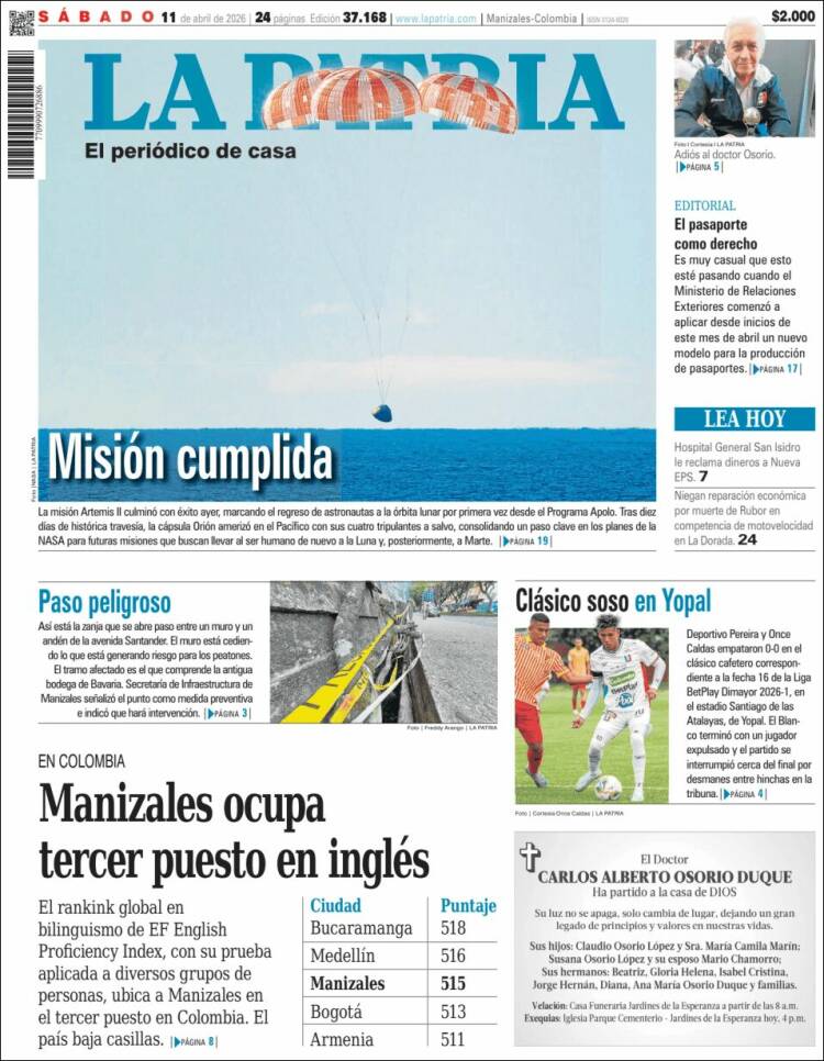 Portada de La Patria (Colombia)