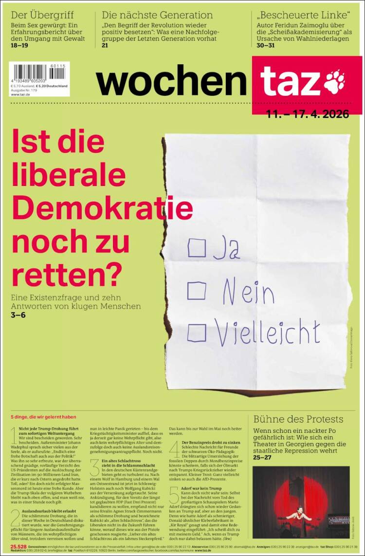Portada de Die Tageszeitung (Alemania)
