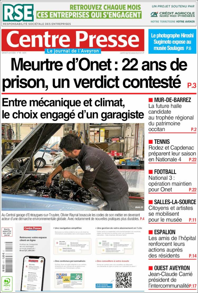 Portada de Centre Presse (Francia)