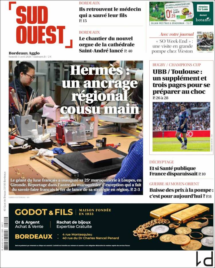 Portada de Sud Ouest (Francia)
