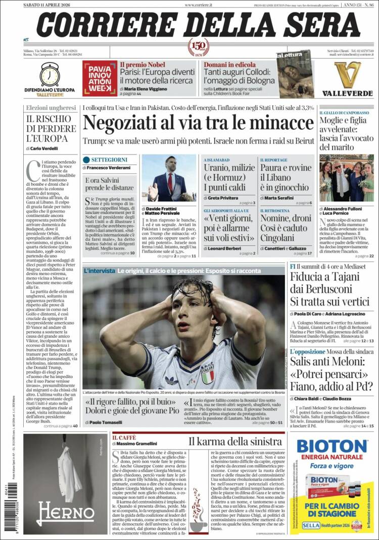 Portada de Corriere della Sera (Italia)