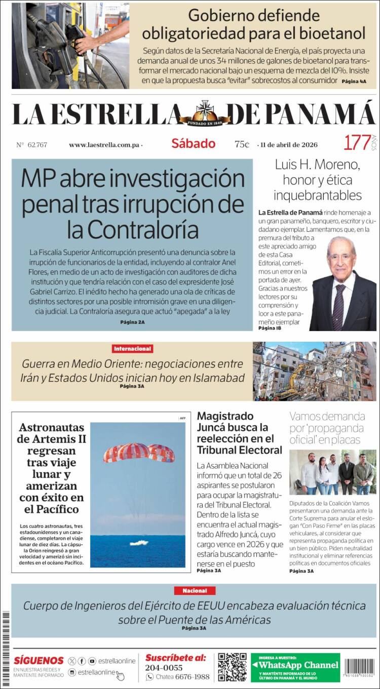 Portada de La Estrella de Panamá (Panam&aacute;)