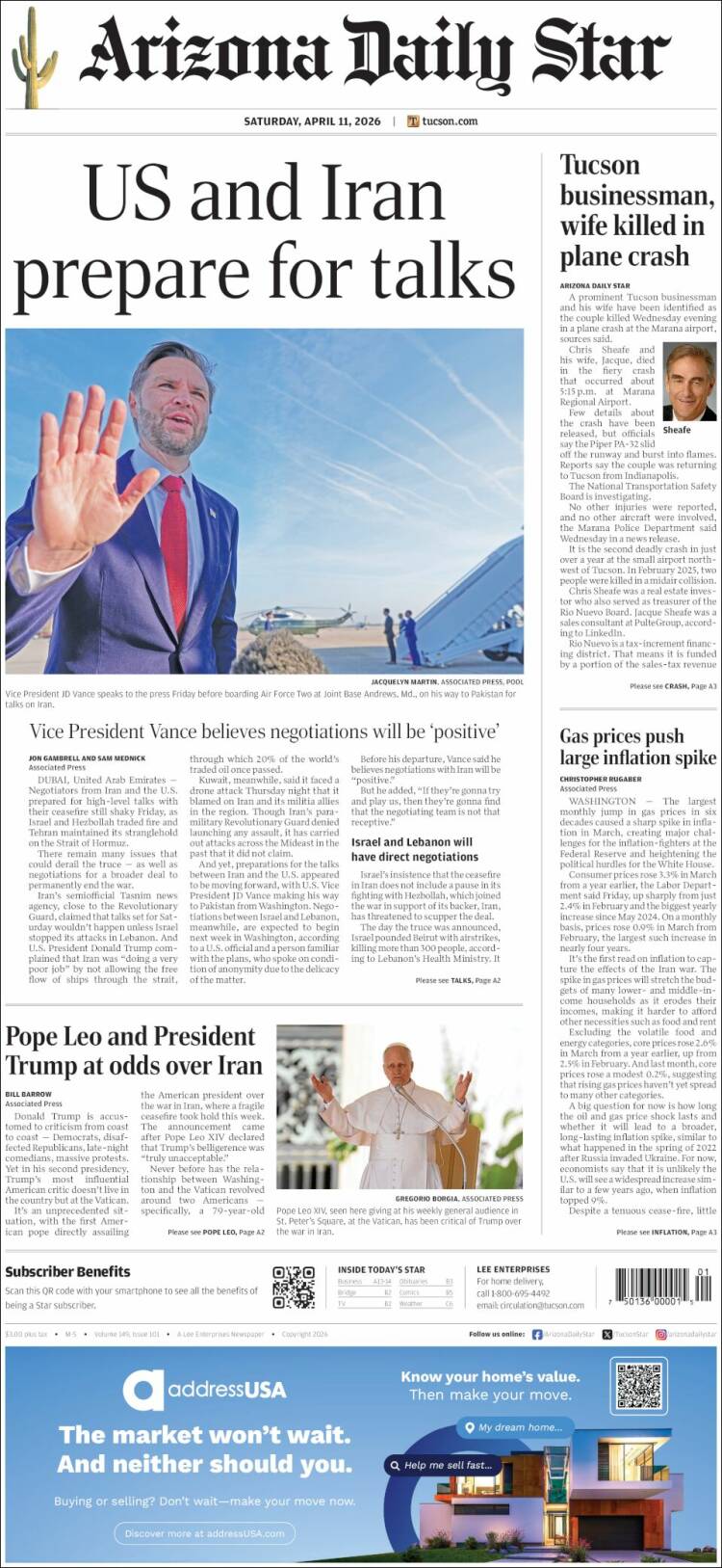 Portada de Arizona Daily Star (USA)