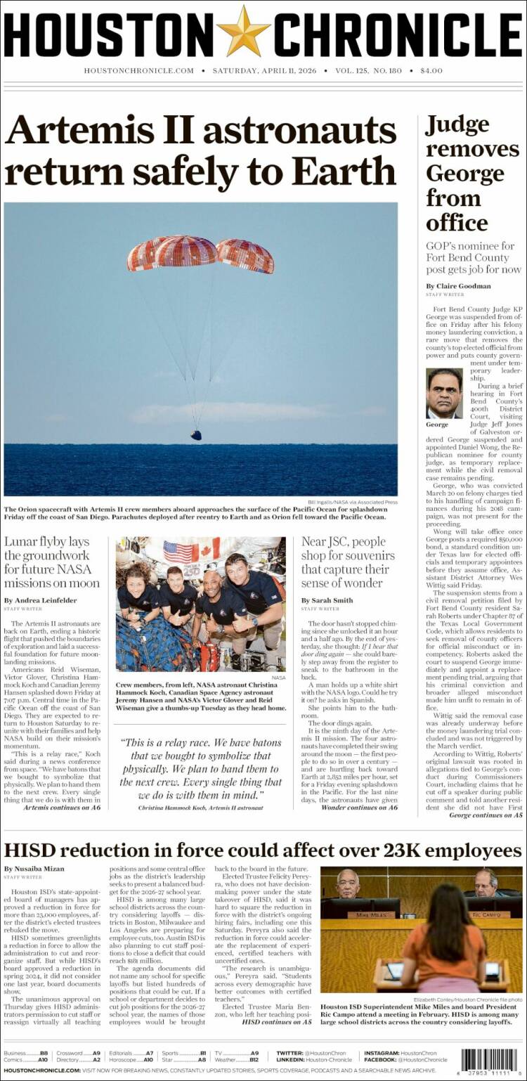 Portada de Houston Chronicle (USA)