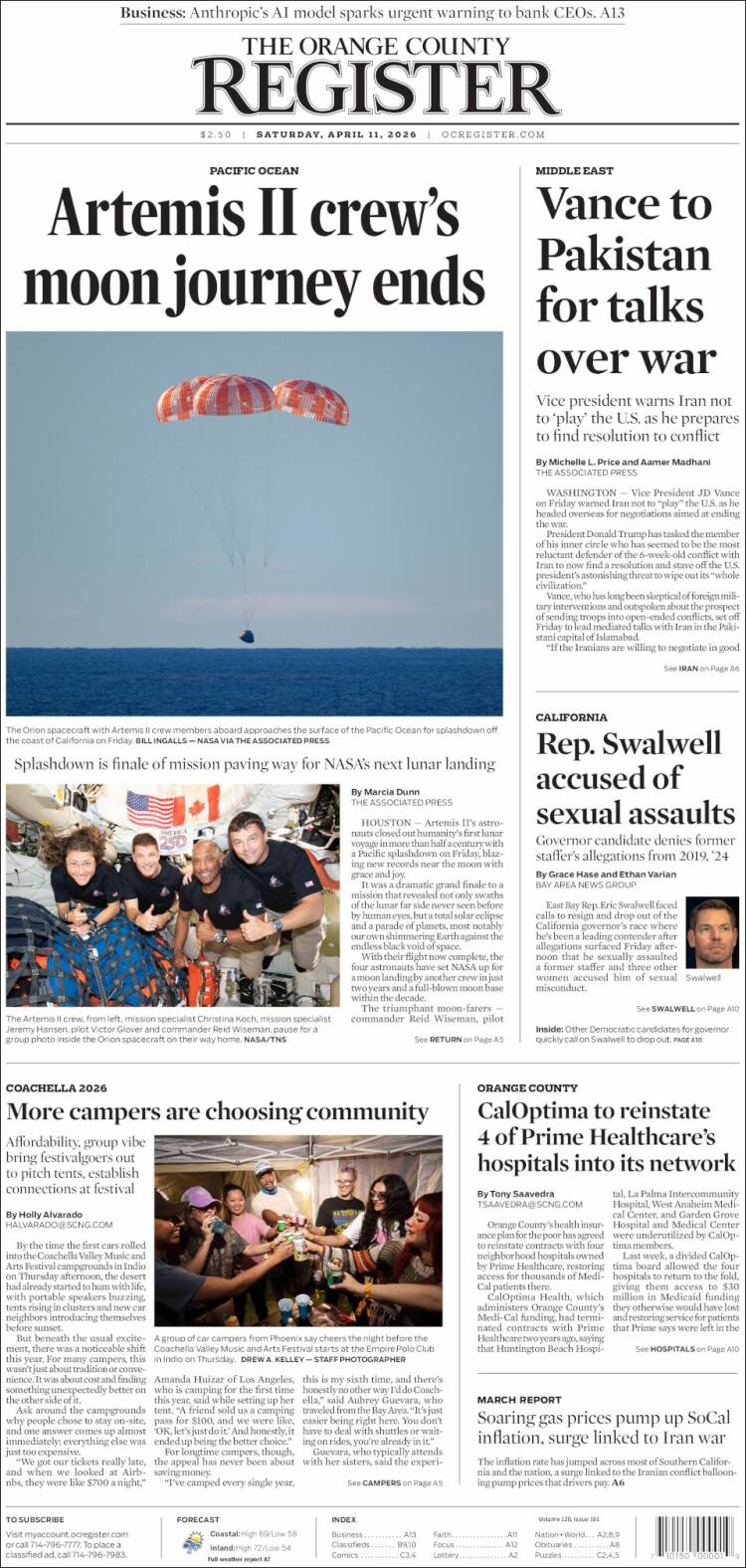Portada de The Orange County Register (USA)