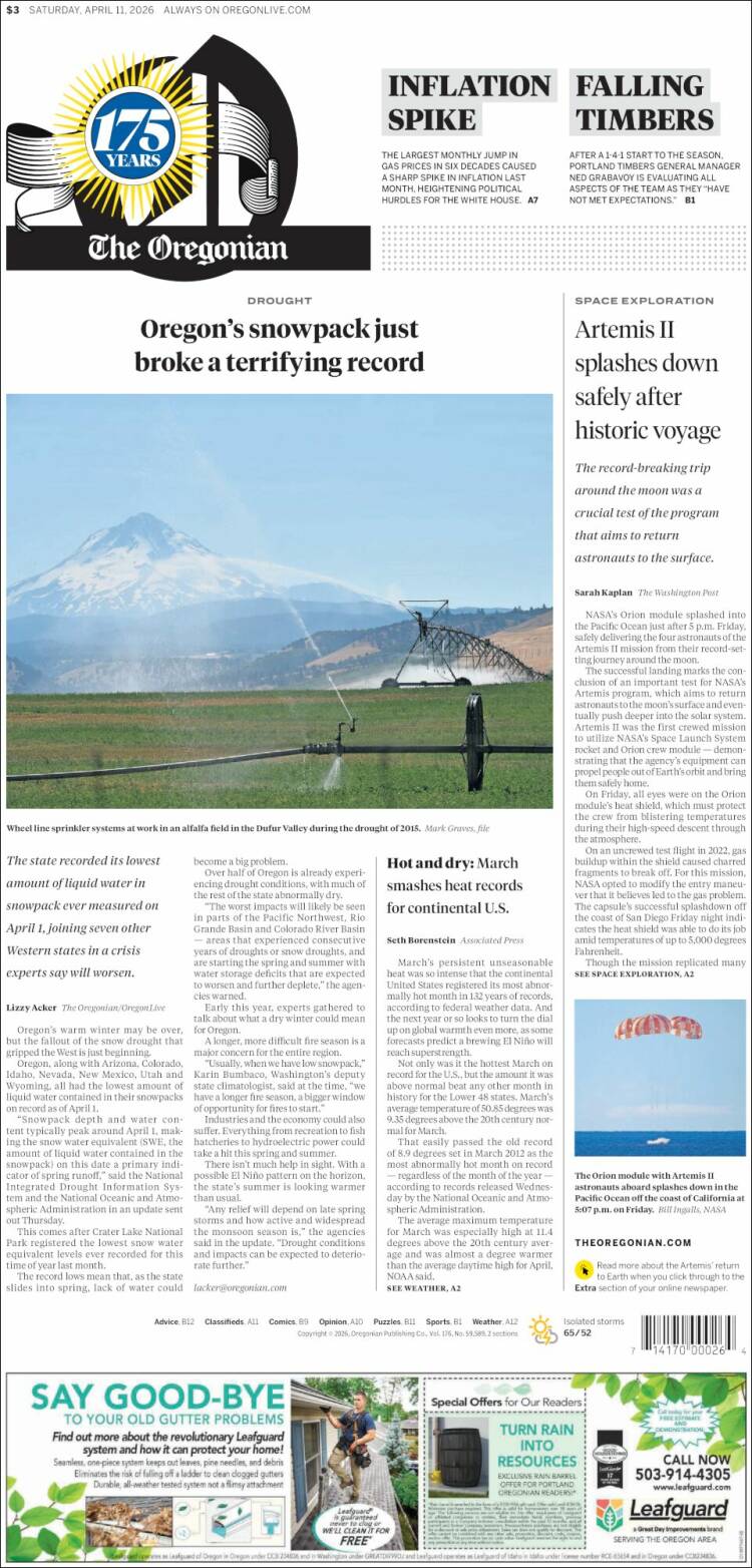 Portada de The Oregonian (USA)