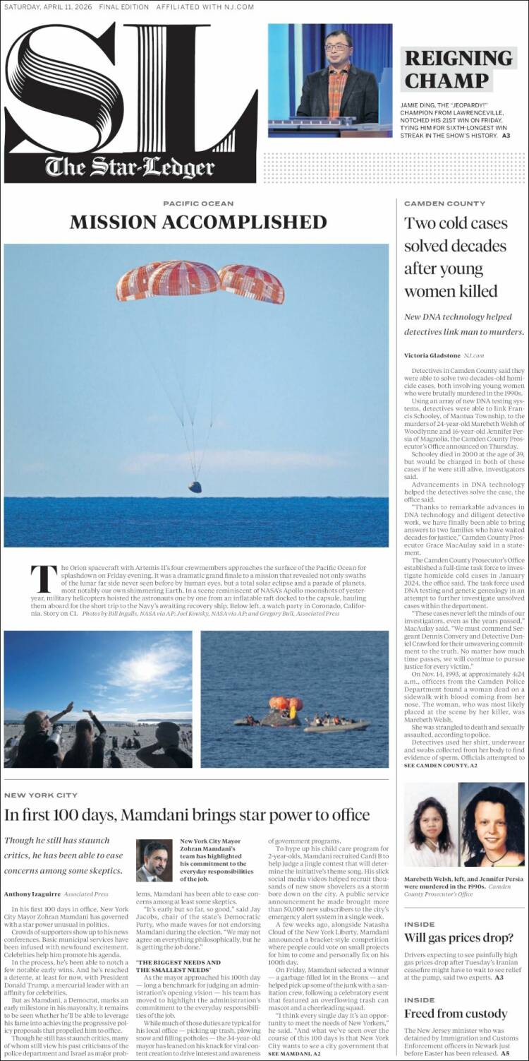 Portada de Star-Ledger (USA)