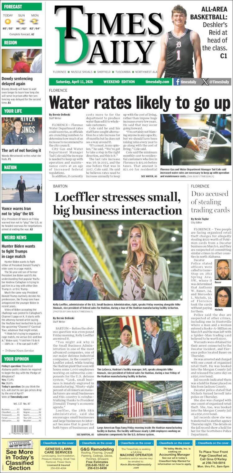 Portada de Times Daily (USA)