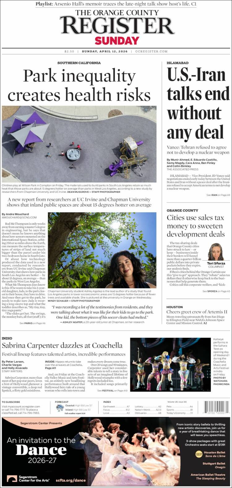 Portada de The Orange County Register (USA)