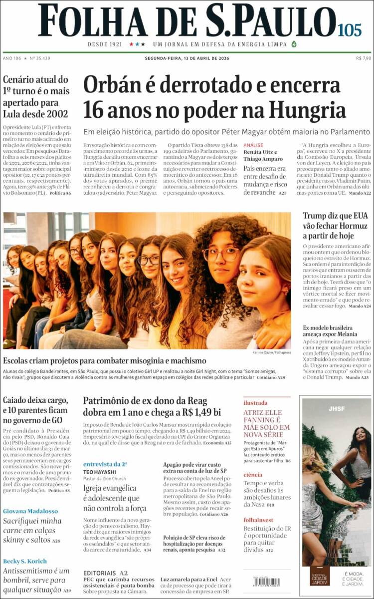 Portada de Folha de São Paulo (Brasil)