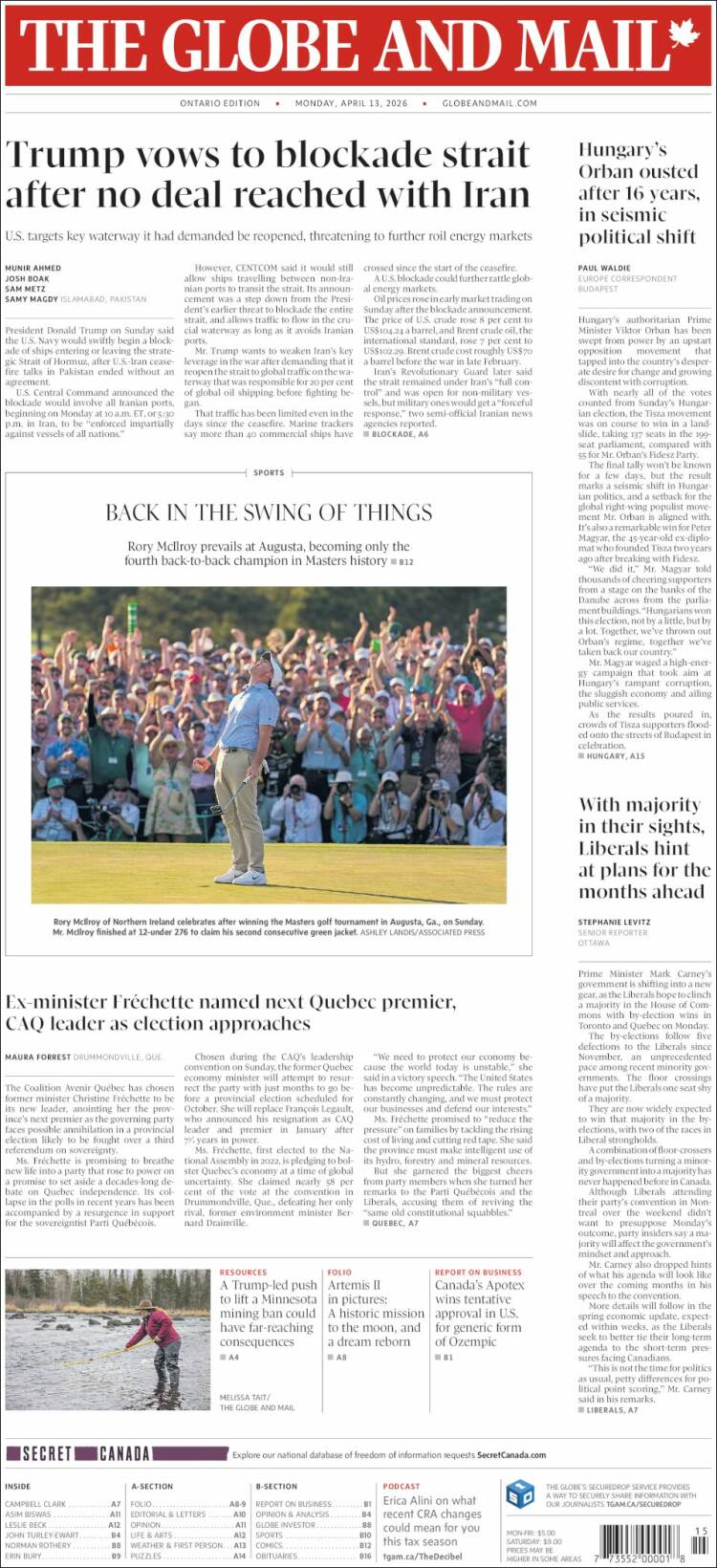 Portada de The Globe and Mail (Canad&aacute;)