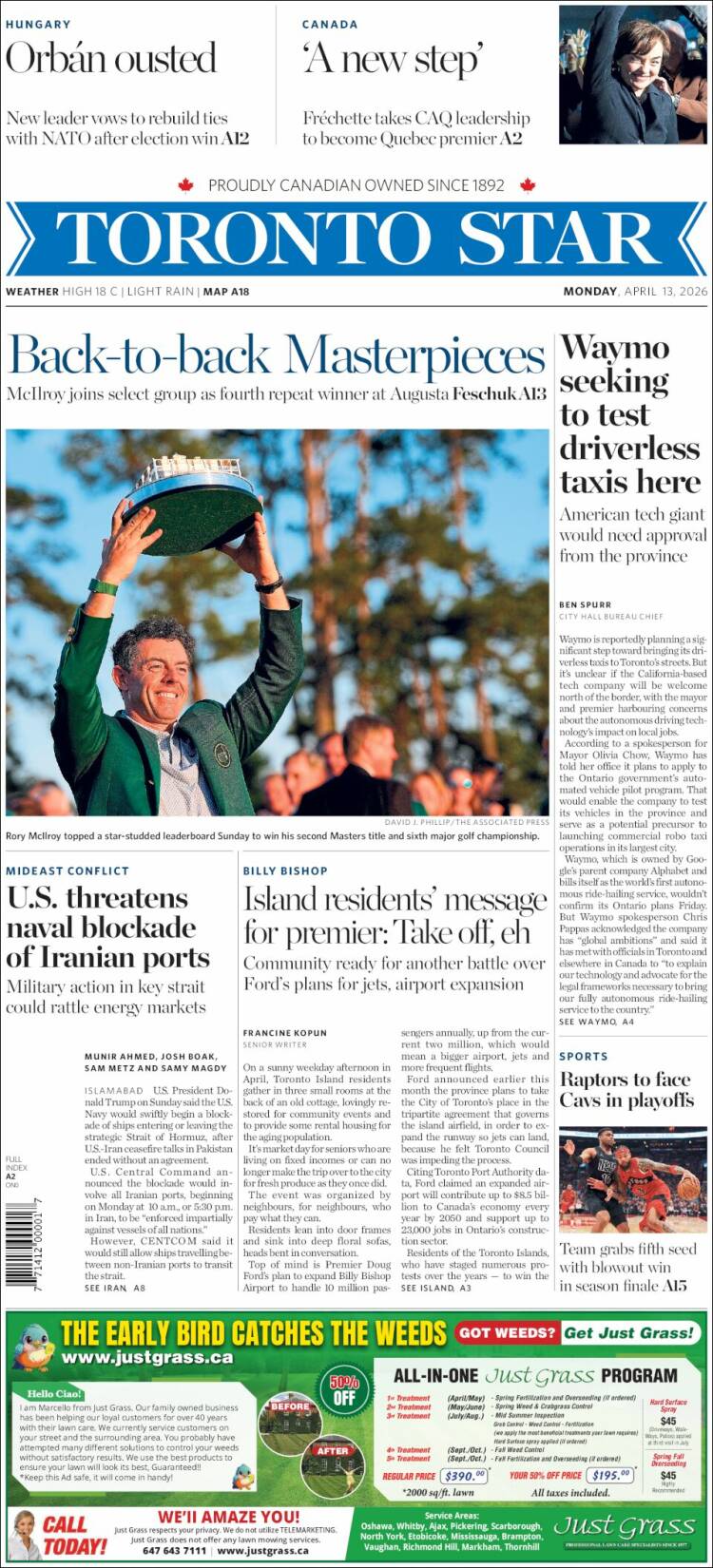 Portada de The Toronto Star (Canad&aacute;)