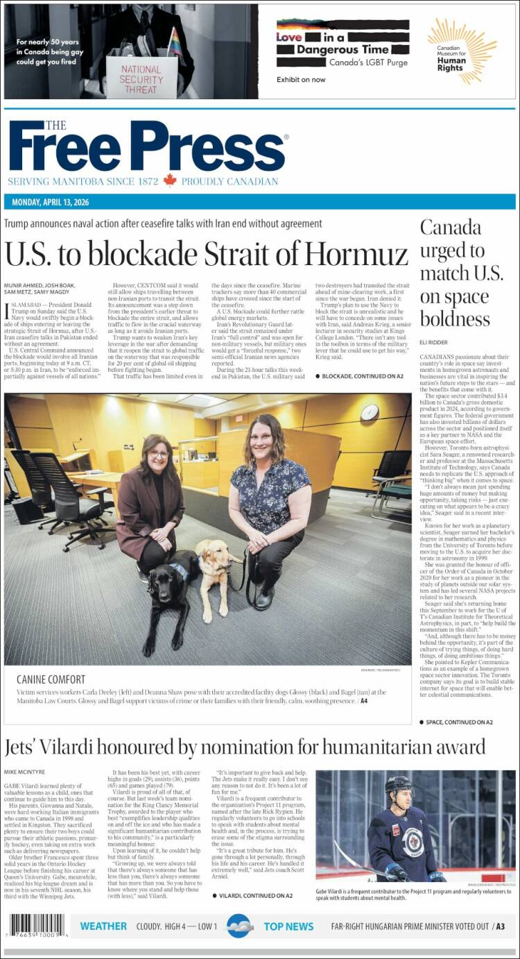 Portada de Winnipeg Free Press (Canad&aacute;)