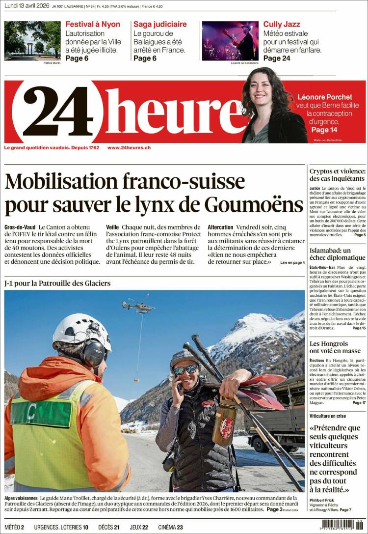 Portada de 24 Heures (Suiza)