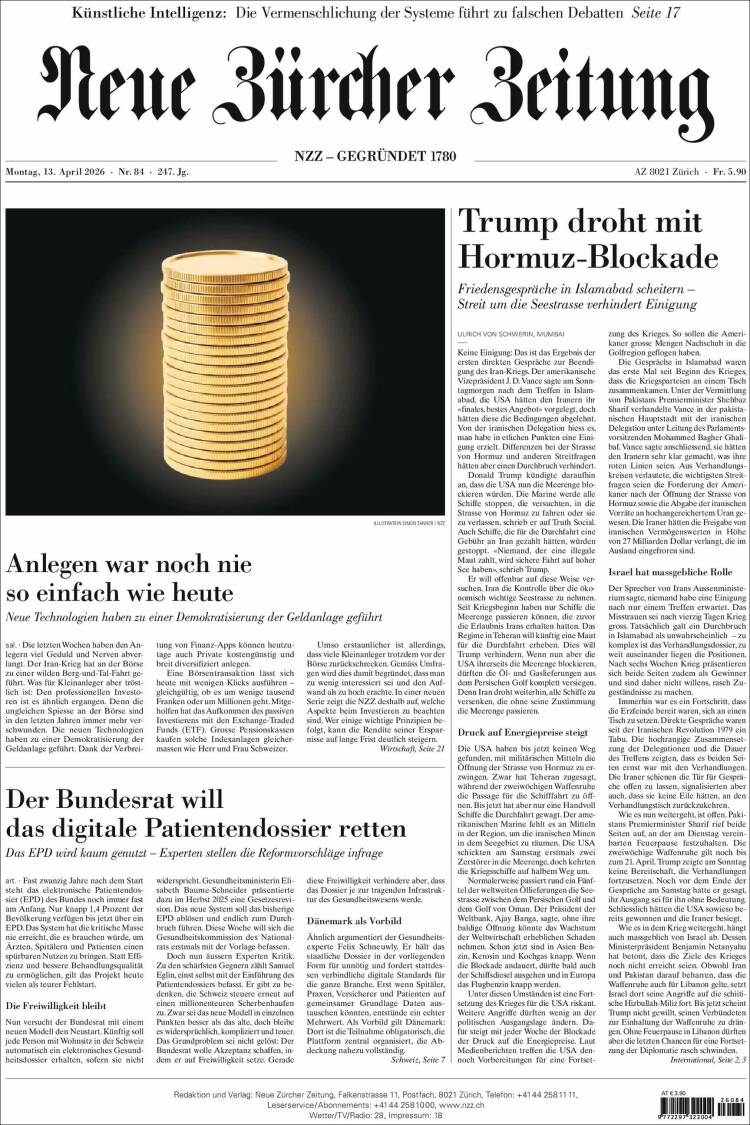 Portada de Neue Zürcher Zeitung (Suiza)