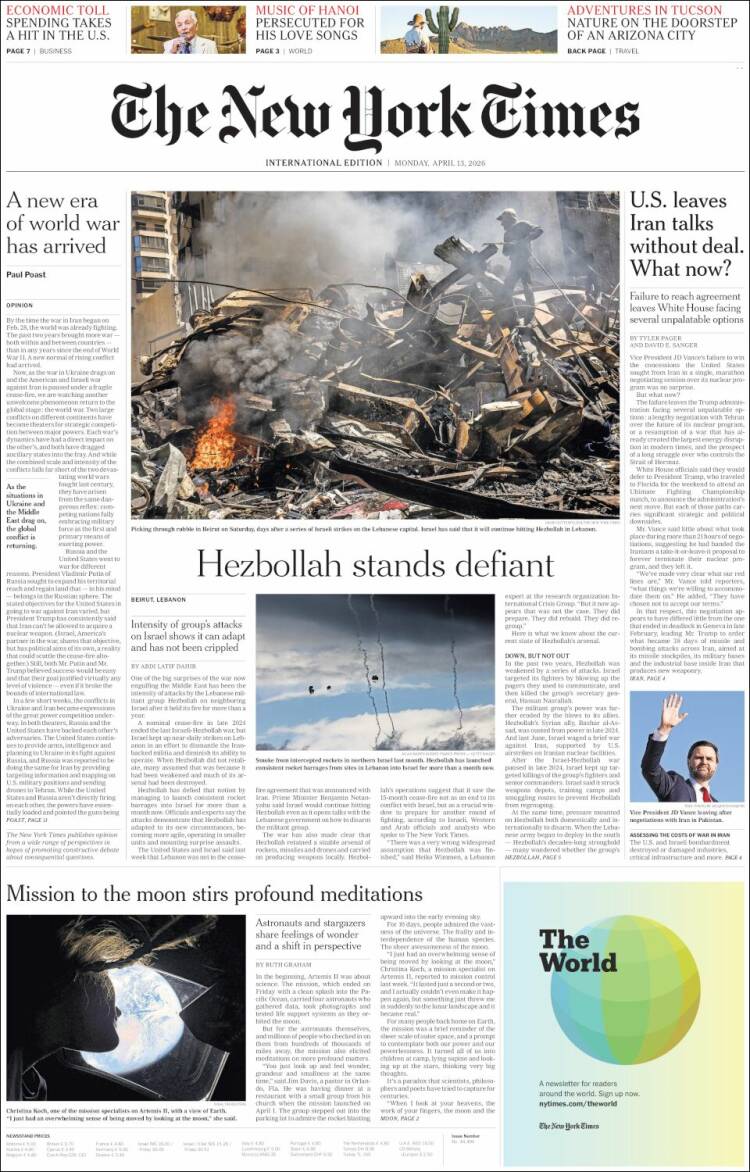 Portada de International New York Times (Europa)