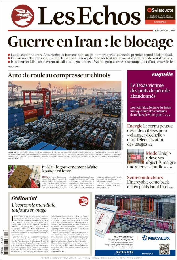 Portada de Les Echos (Francia)