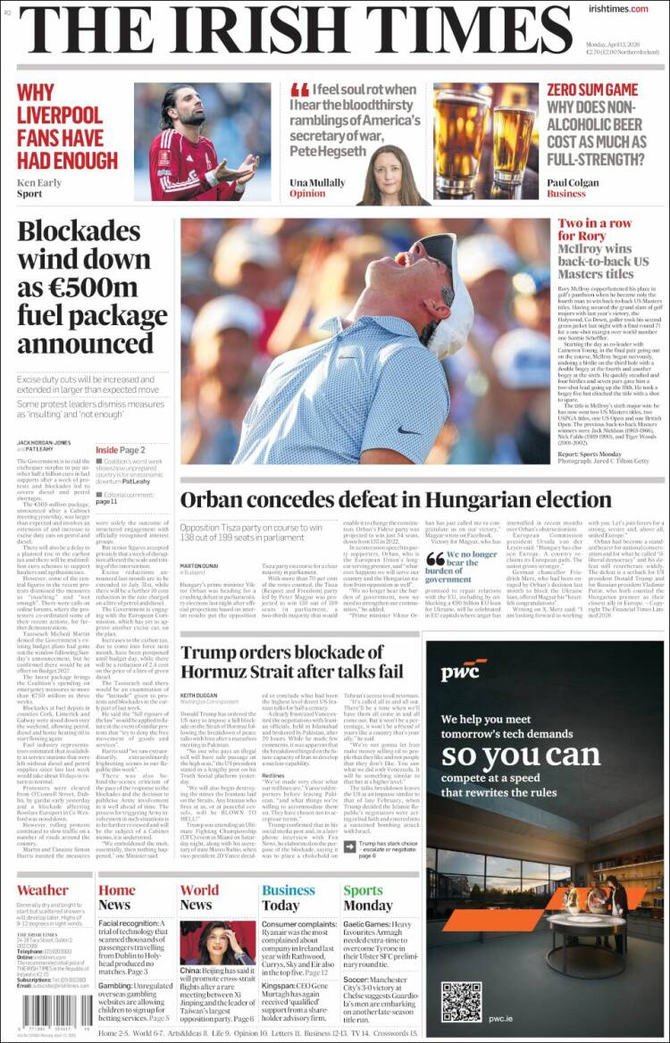 Portada de Irish Times (Irlanda)