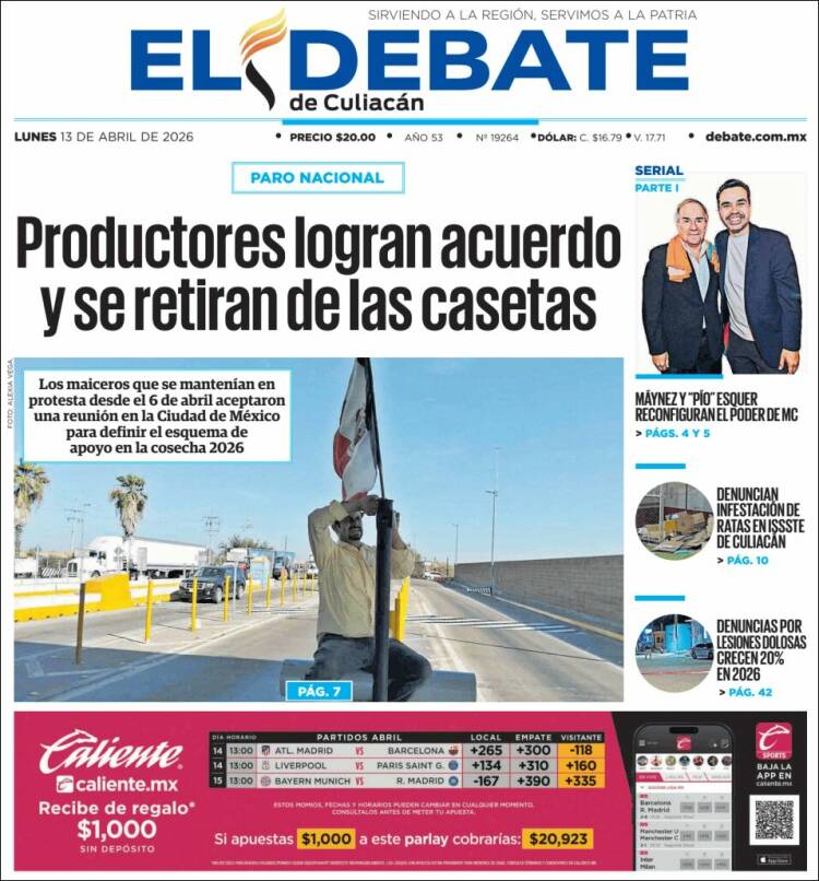 Portada de El Debate de Culiacán (M&eacute;xico)
