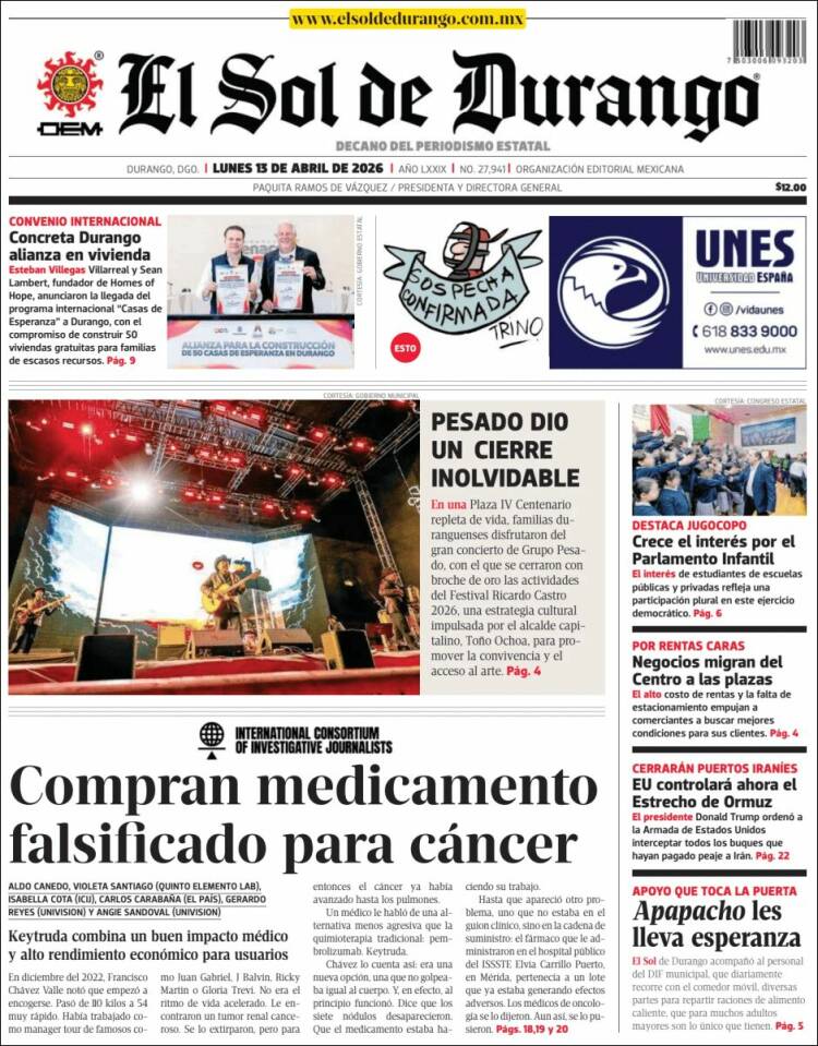 Portada de El Sol de Durango (M&eacute;xico)