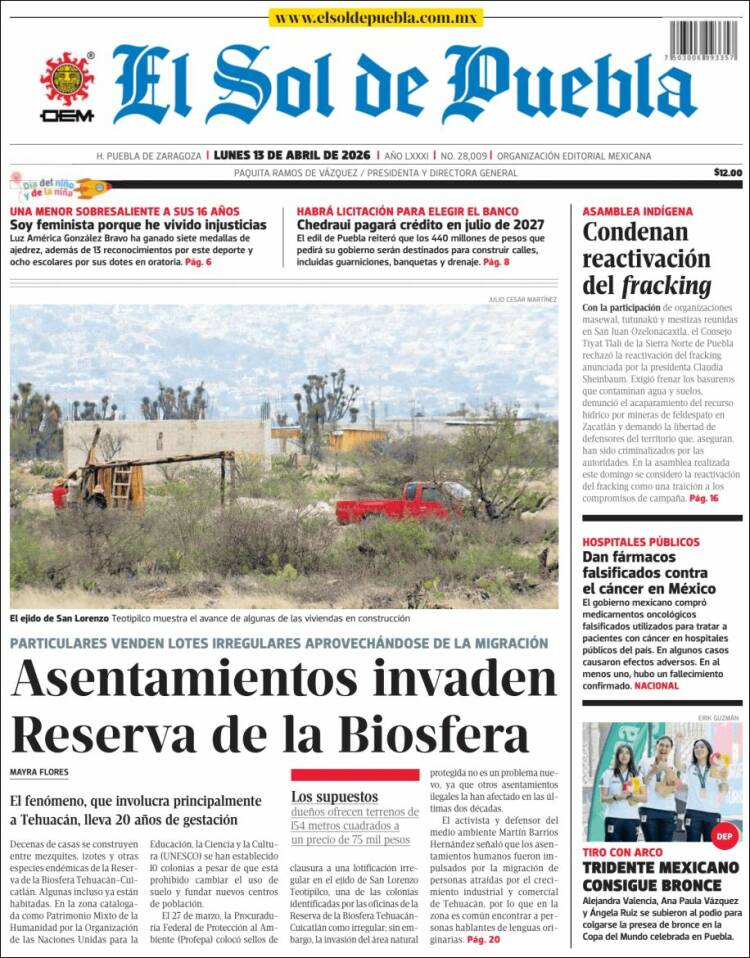 Portada de El Sol de Puebla (M&eacute;xico)