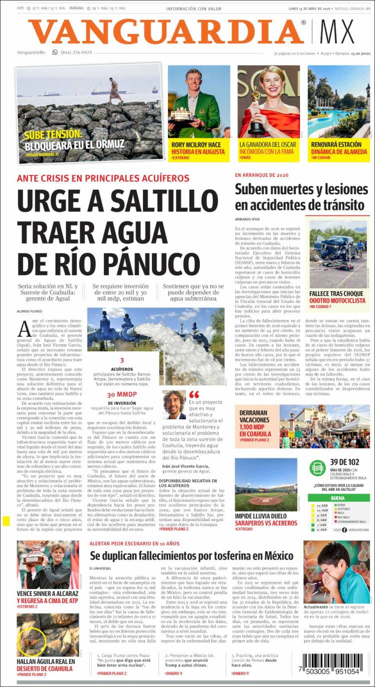 Portada de Vanguardia (M&eacute;xico)