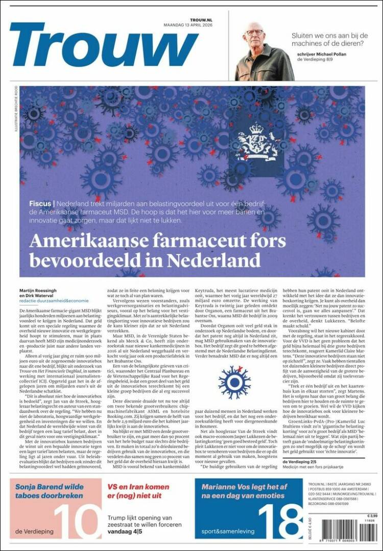 Portada de Trouw (Pa&iacute;ses Bajos)