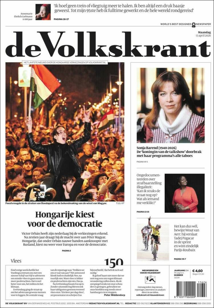 Portada de De Volkskrant (Pa&iacute;ses Bajos)