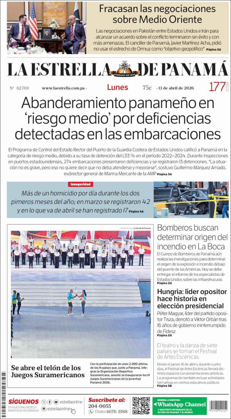 Portada de La Estrella de Panamá (Panam&aacute;)