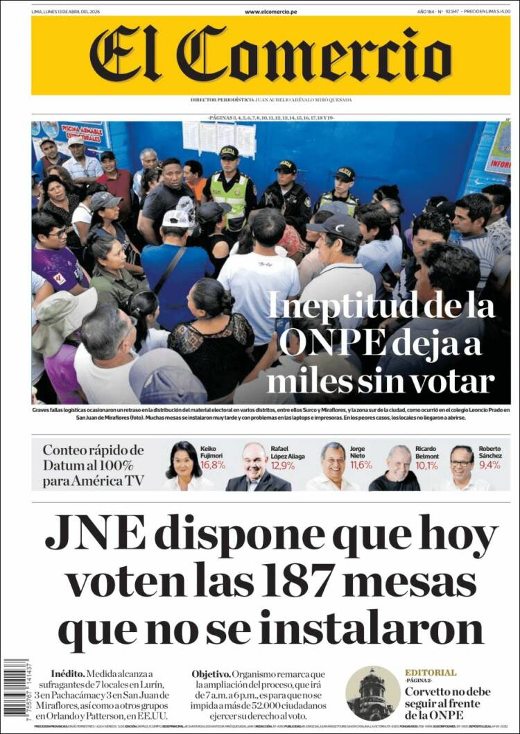 Portada de El Comercio (Per&uacute;)