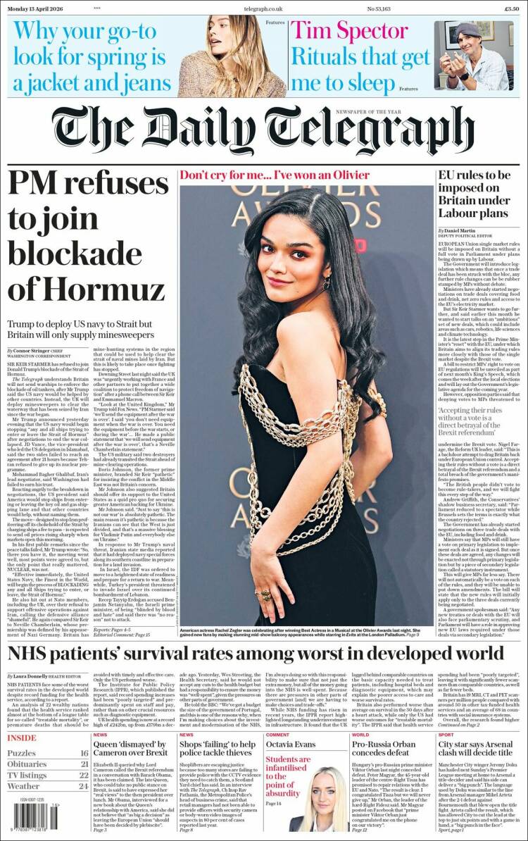 Portada de Daily Telegraph (Reino Unido)