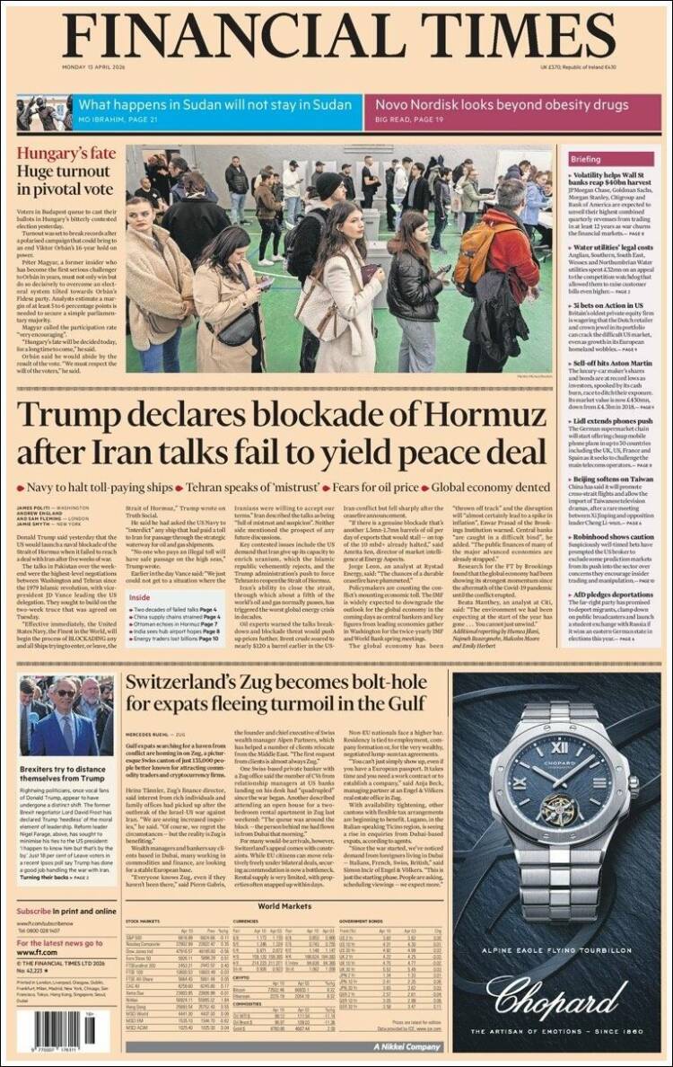 Portada de Financial Times (Reino Unido)