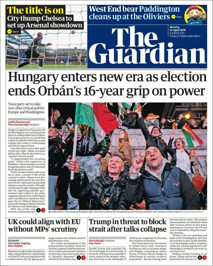 Portada de The Guardian (Reino Unido)