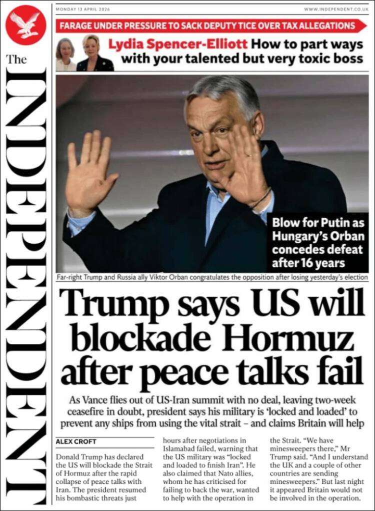 Portada de The Independent (Reino Unido)