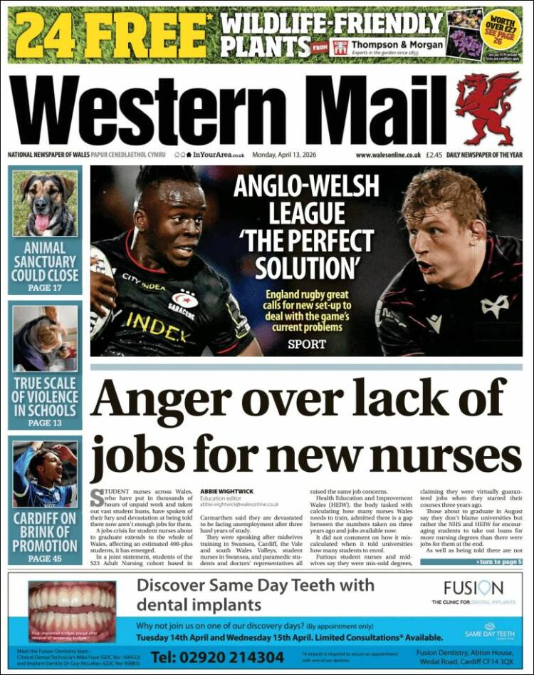 Portada de Western Mail (Reino Unido)