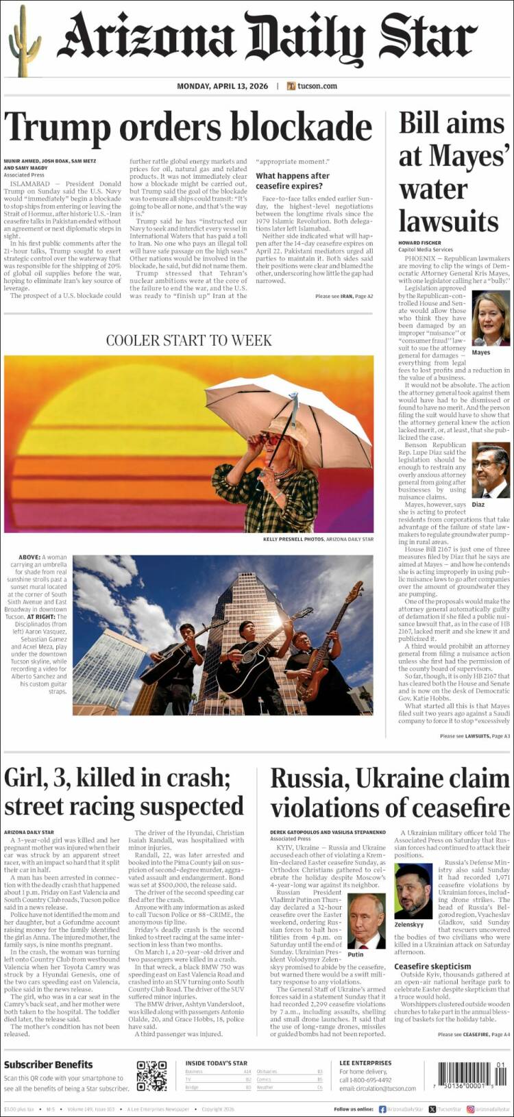 Portada de Arizona Daily Star (USA)