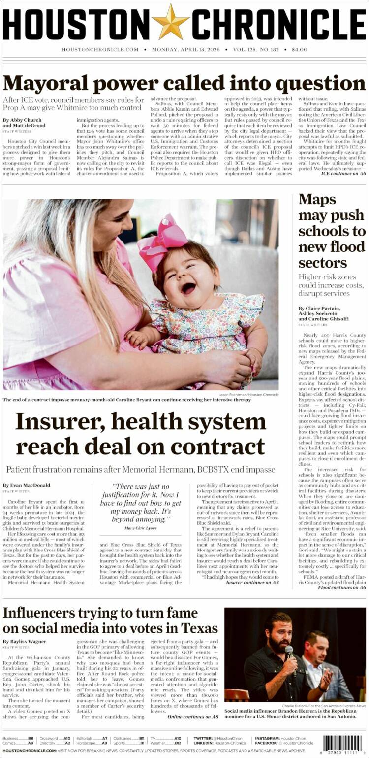Portada de Houston Chronicle (USA)