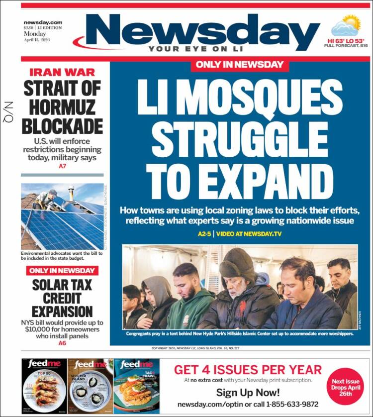 Portada de Newsday (USA)