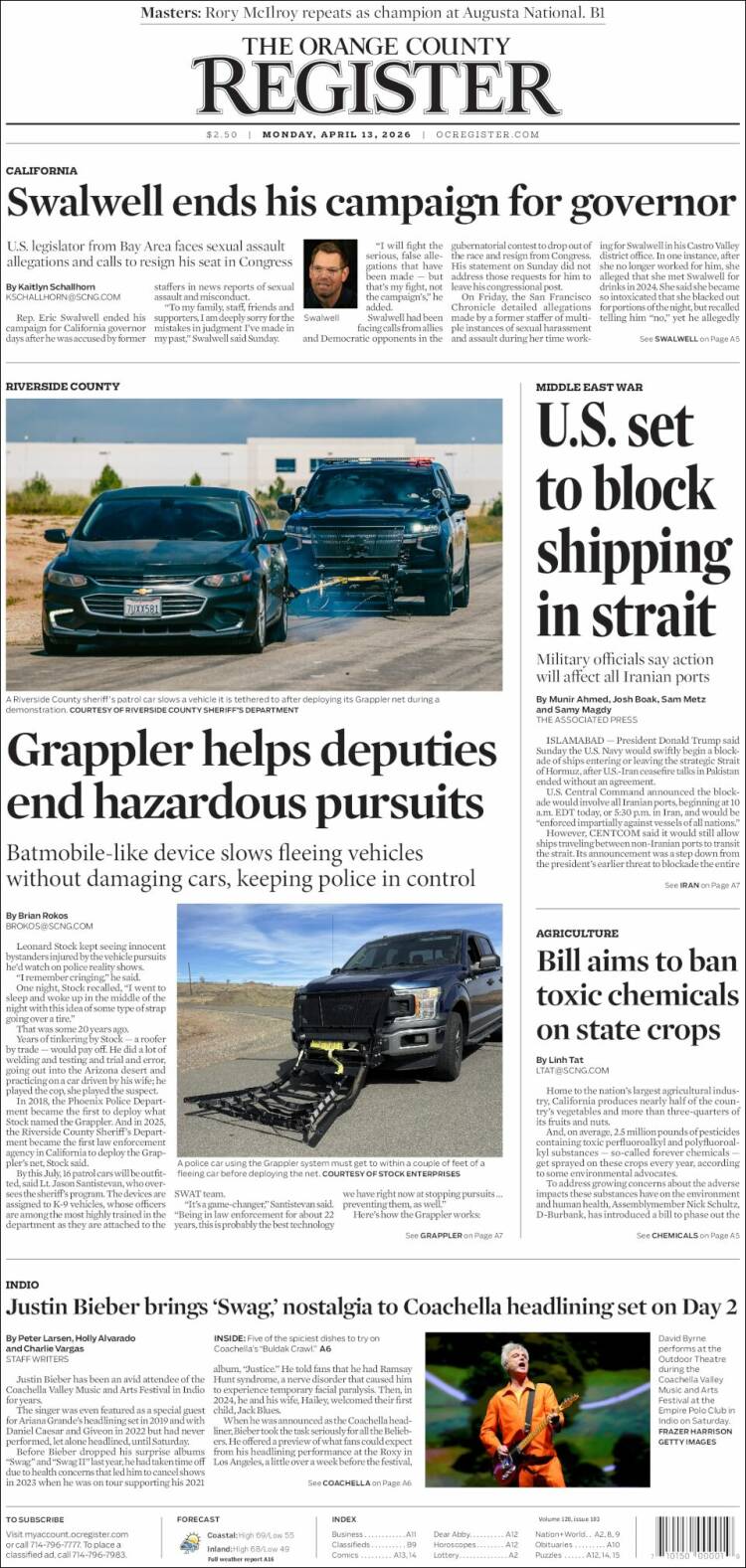 Portada de The Orange County Register (USA)