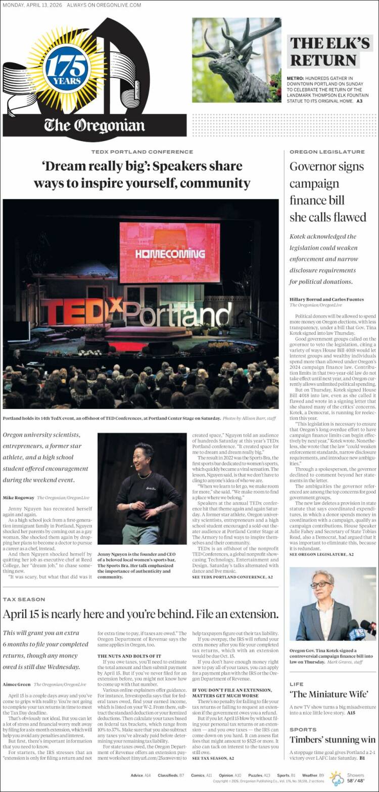 Portada de The Oregonian (USA)