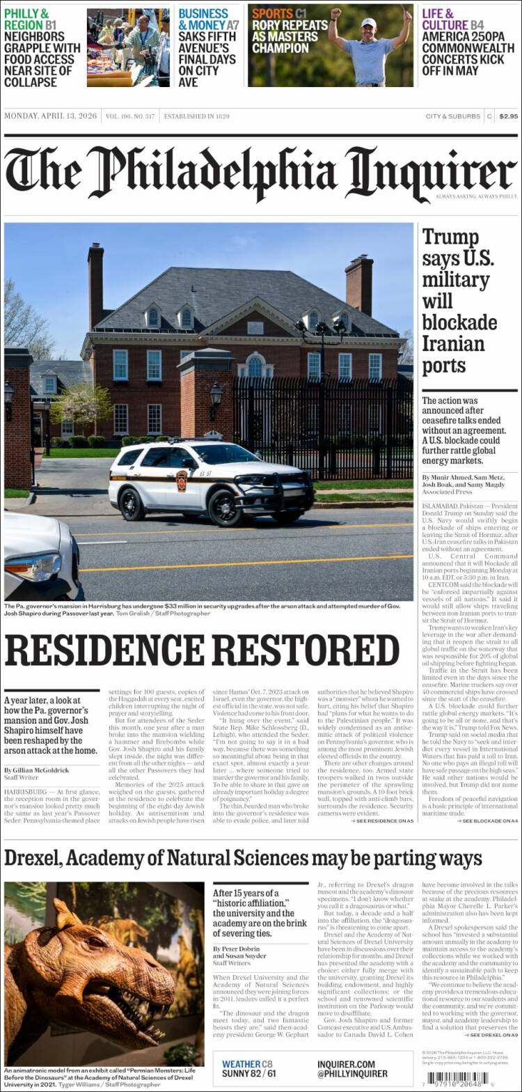 Portada de Philadelphia Inquirer (USA)